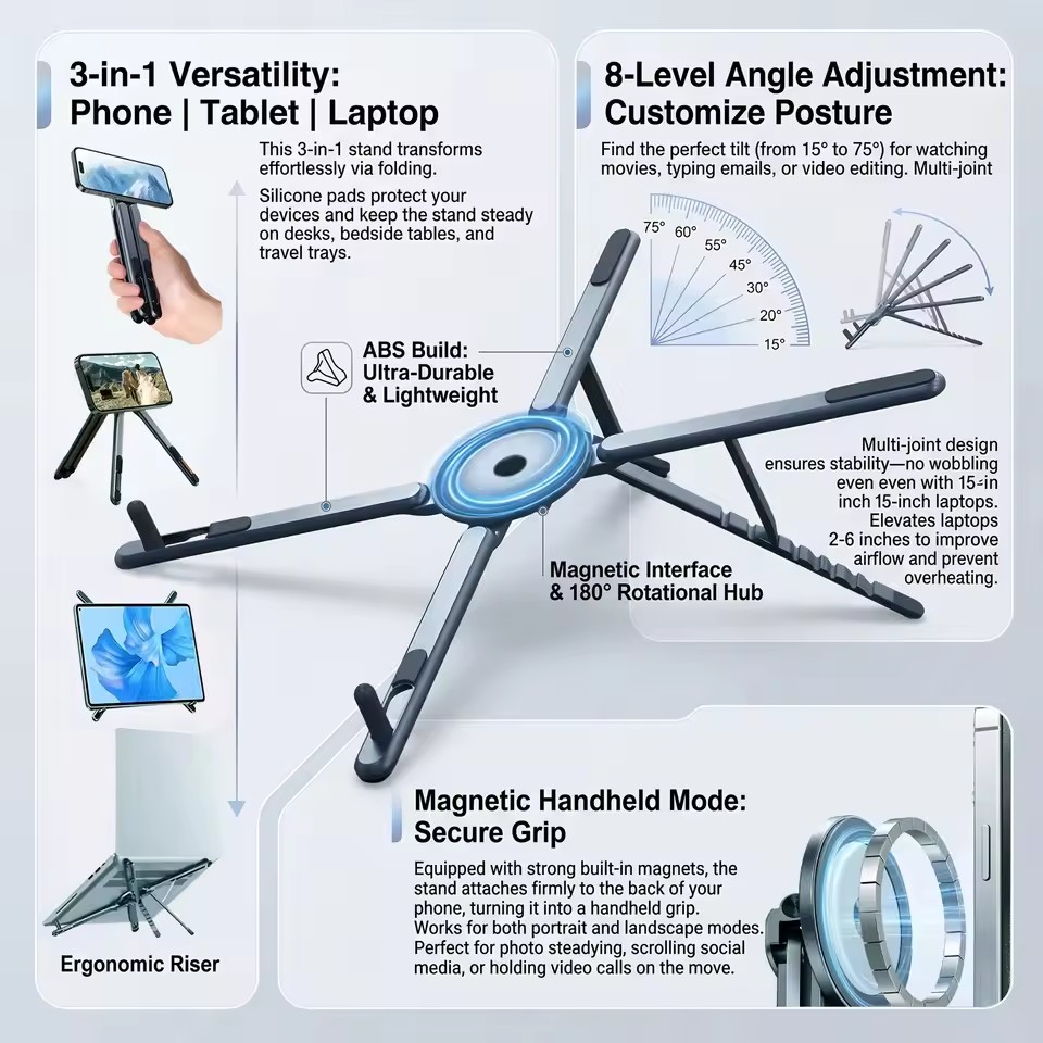 Laptop Accessories Table - ที่วางโทรศัพท์แม่เหล็กแบบพกพาและไม้เซลฟี่ 3-in-1 ขาตั้งกล้องแบบพับได้สำหรับ iPhone iPad แท็บเล็ต