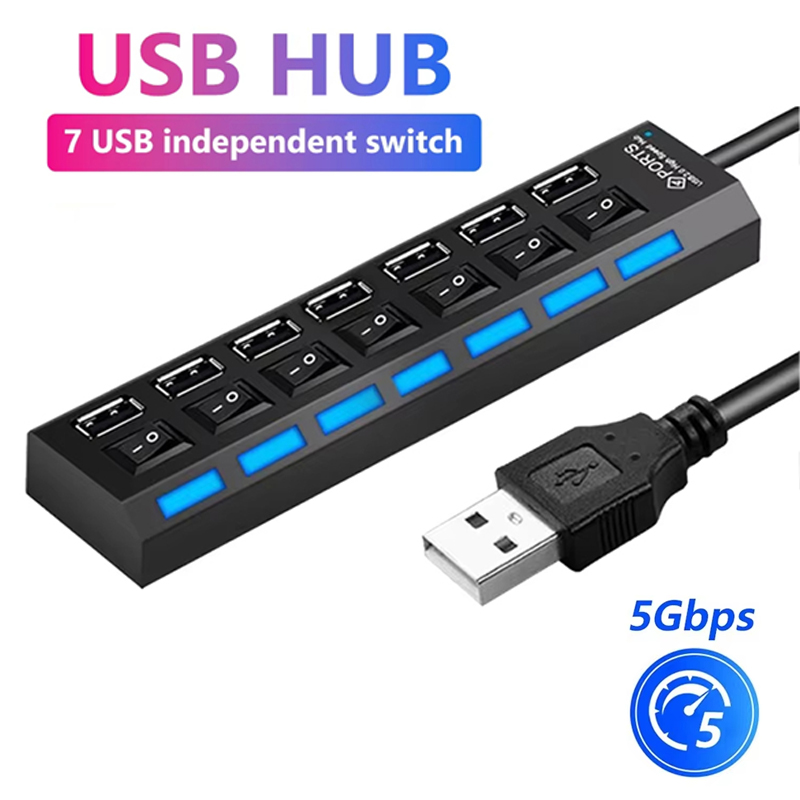 Laptop Accessories Hub - 7 พอร์ตยูเอสบี 2.0 ฮับสปลิตเตอร์สำหรับแล็ปท็อปอุปกรณ์เสริมคอมพิวเตอร์ไฟ LED แสดงสถานะควบคุมอิสระอุปกรณ์เวิร์กสเตชันสำหรับสำนักงานที่บ้าน